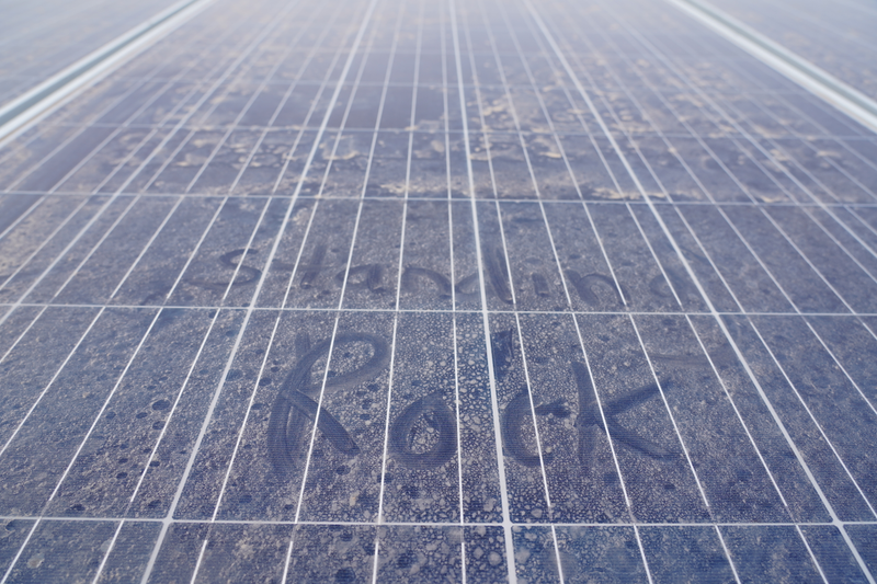 The words “Standing Rock” were smudged onto one of the farm’s solar panels.